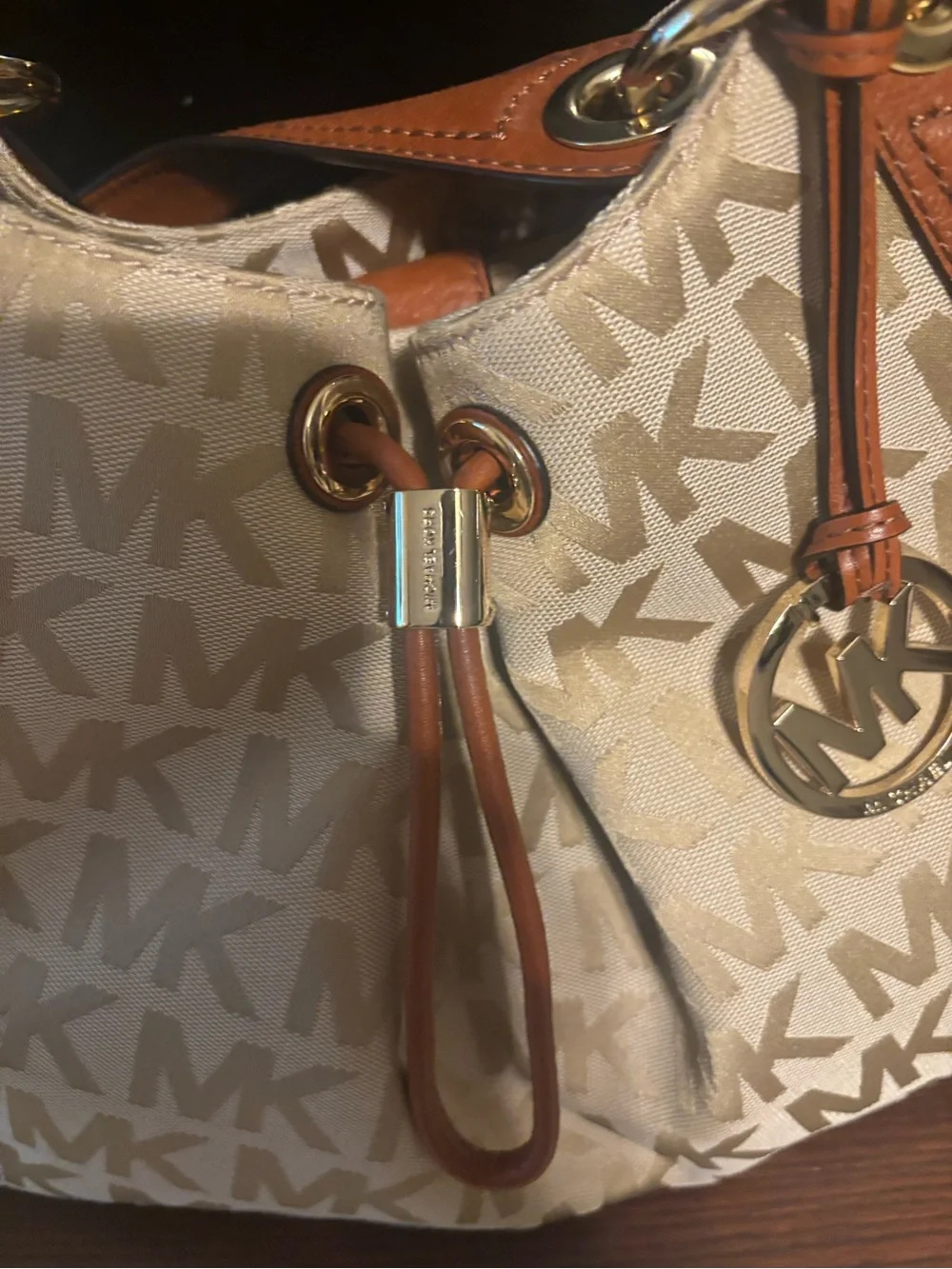 Michael Kors Cream & Tan MK Signature Drawstring Tote with Matching Wallet